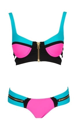 Endless Summer Neon Retro Color Block Push Up Top in Hot Pink Blue