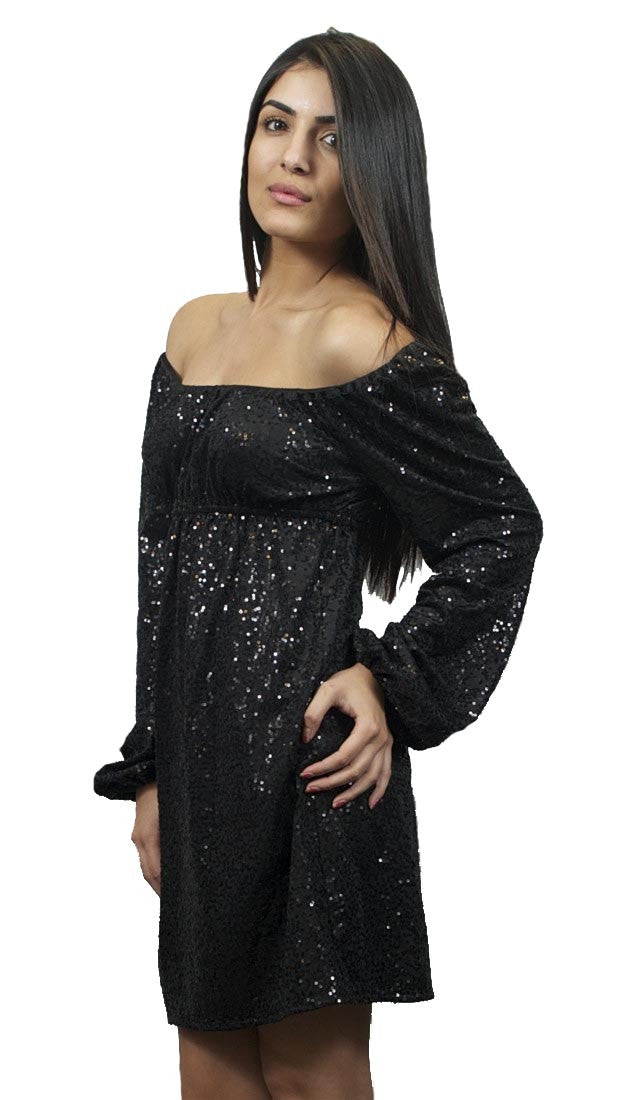 Betsey Johnson Sequin Jersey Long Sleeve Off Shoulder Dress in Black 