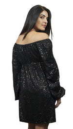 Betsey Johnson Sequin Jersey Long Sleeve Off Shoulder Dress in Black 