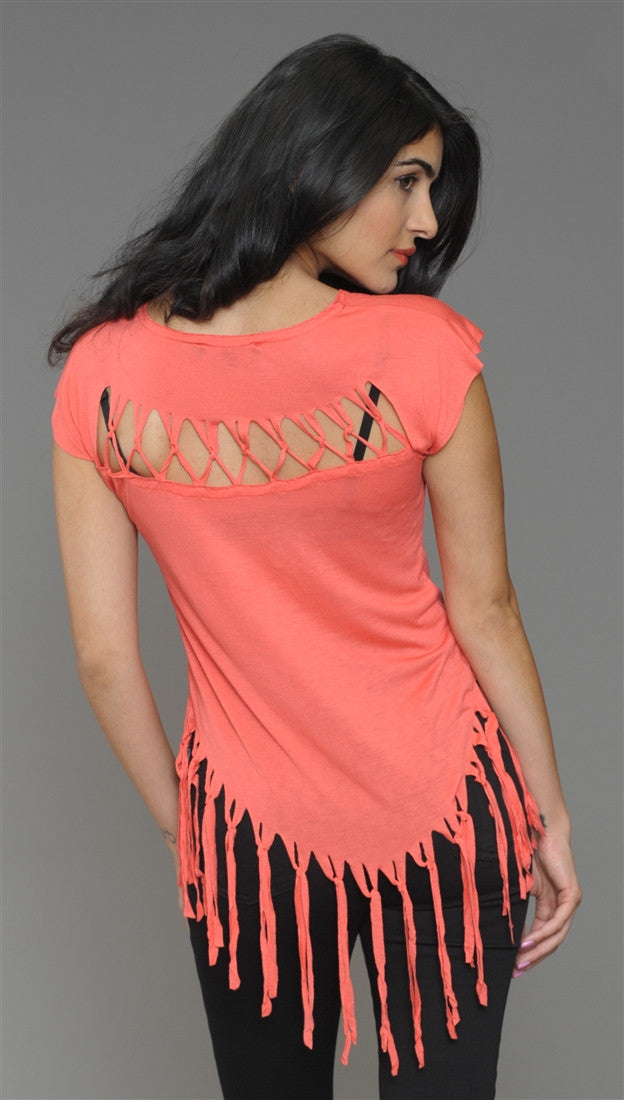 BLQ MKT Fringe Uneven Tee in Coral