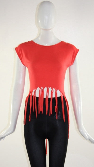 BLQ MKT Fringe Uneven Tee in Coral