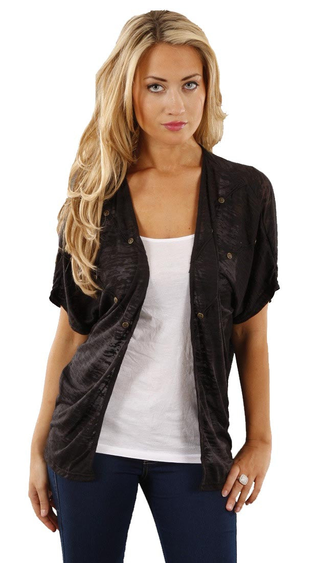 Boy Meets Girl Studded Burnout Cardigan Shrug Shirt in Black 