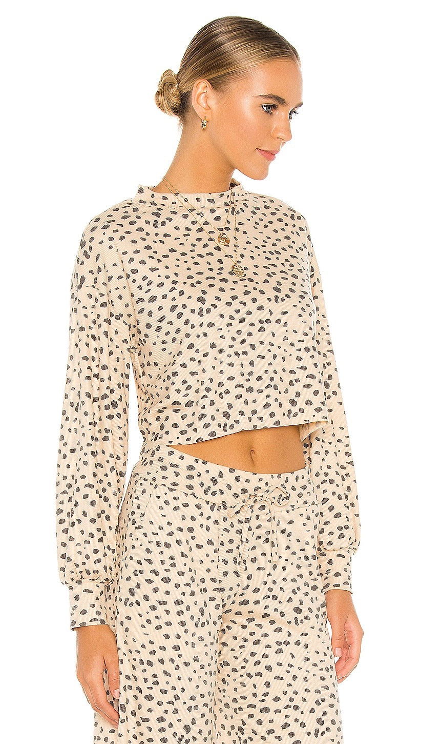 Beach Riot Ava Cropped Sweatshirt Taupe Spot Ribbed Knit Animal Print I ShopAA