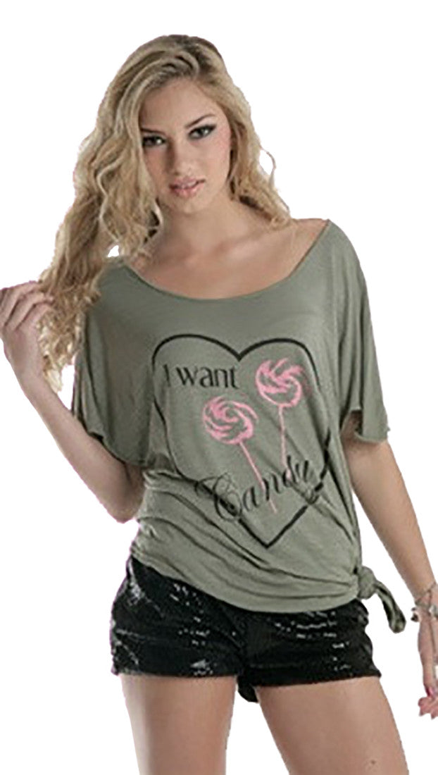 Brokedown I want Candy Asymmetrical Top in Olive