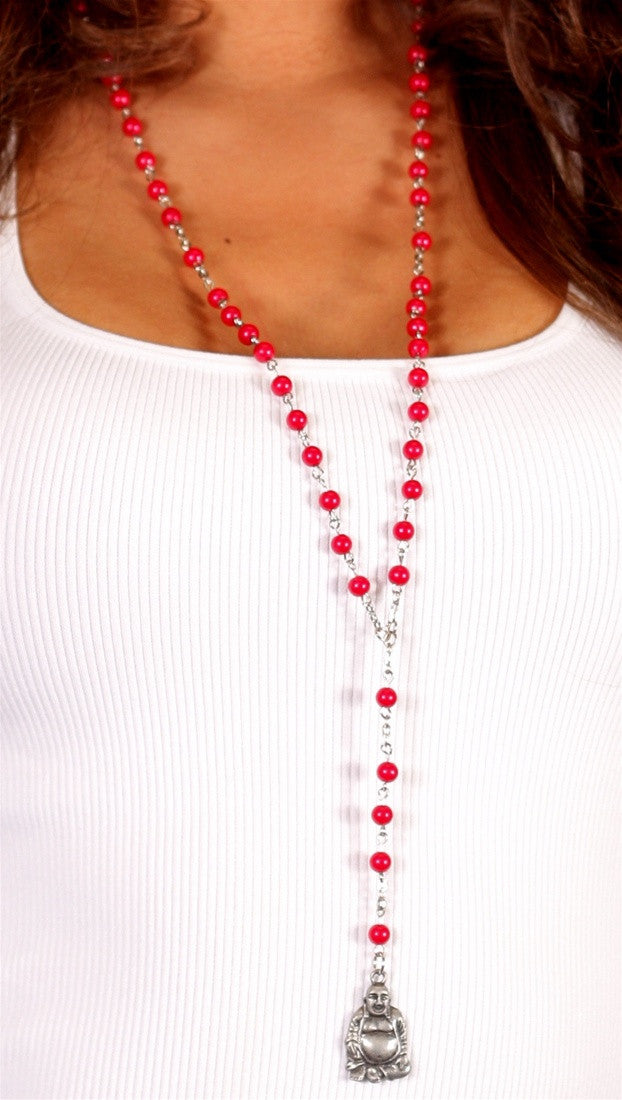 Buddha Rosary Bead Necklace in Red