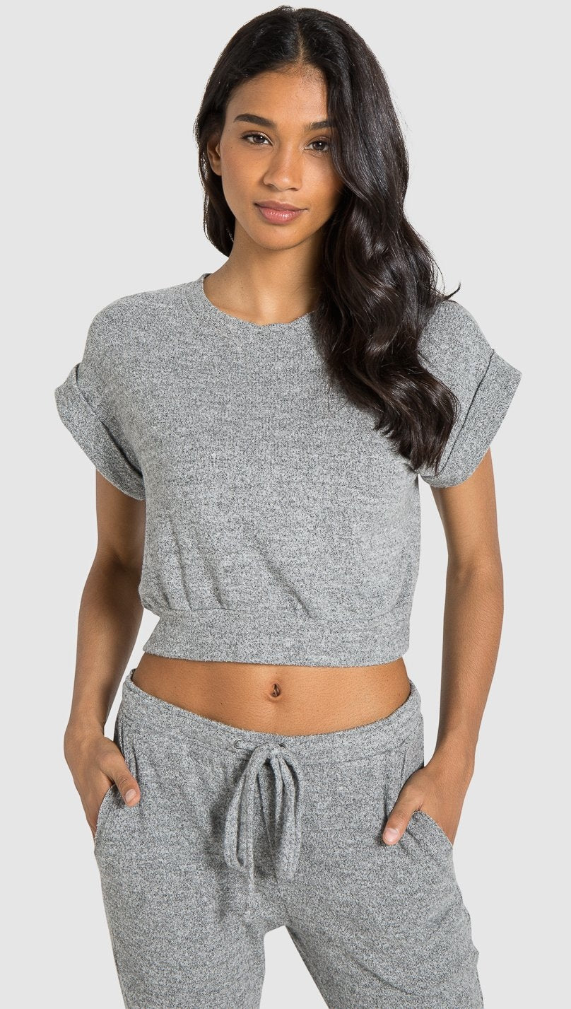 Bella Dahl Banded Roll Sleeve Crop Tee Heather Grey | ShopAA