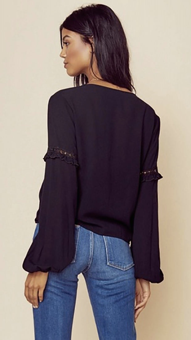 Blue Life Holly Top Black Chiffon Silk Blouse Balloon Sleeve V Neck 