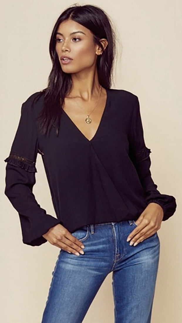 Blue Life Holly Top Black Chiffon Silk Blouse Balloon Sleeve V Neck 