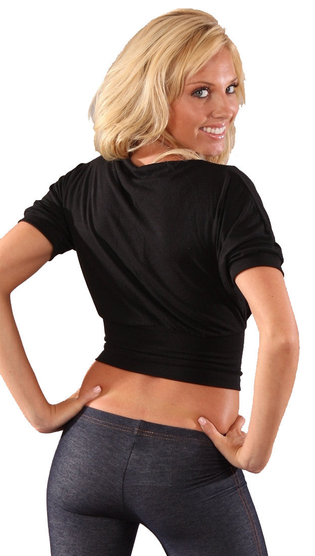 Cheryl Deep V Neck Crop Top Short Sleeve Black