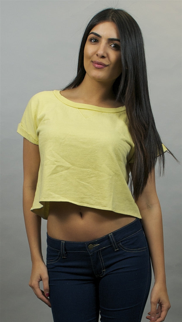 Chaser Boxy Crop Roll Sleeve Pullover in Citrine