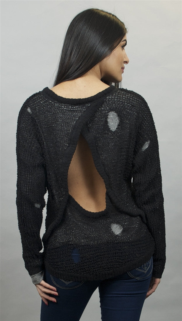 Chaser Distressed Tear Drop Back Pullover Sweater