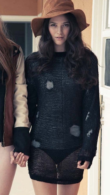 Chaser Distressed Tear Drop Back Pullover Sweater