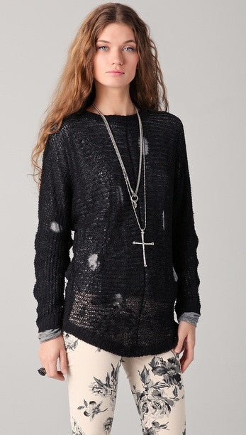 Chaser Distressed Tear Drop Back Pullover Sweater