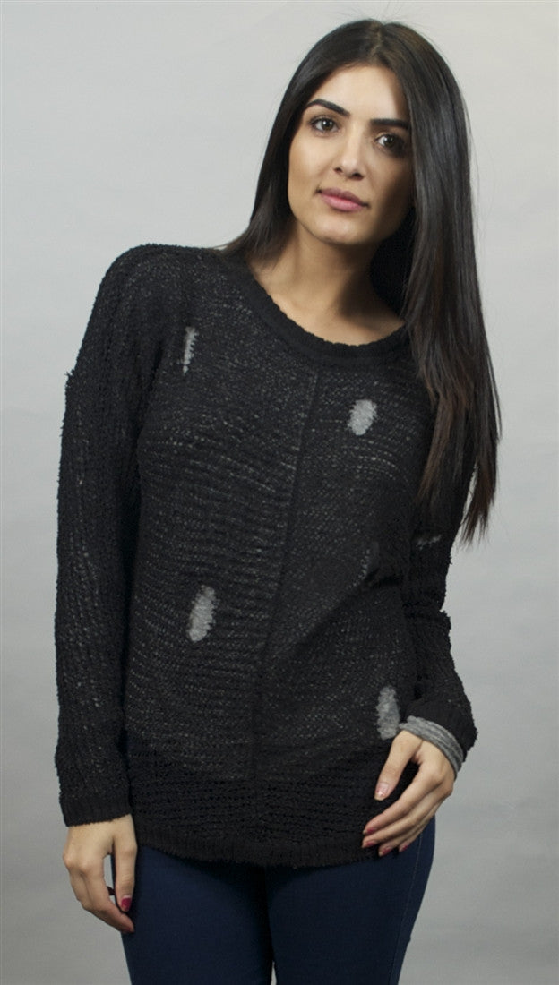 Chaser Distressed Tear Drop Back Pullover Sweater