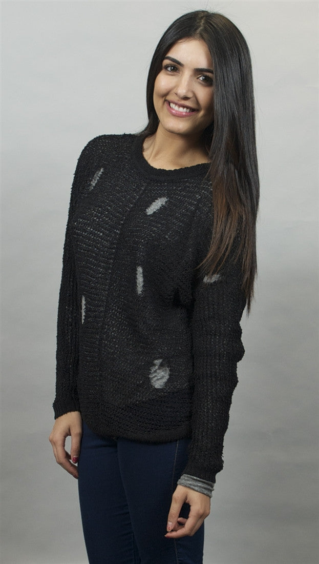 Chaser Distressed Tear Drop Back Pullover Sweater