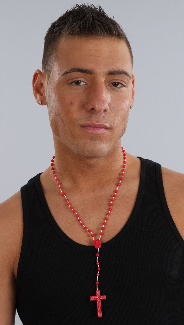 Plastic Rosary Bead Necklace in Red