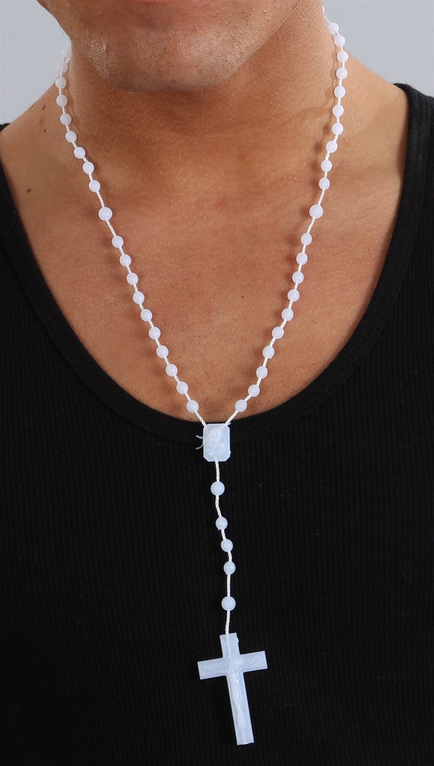 Plastic Rosary Bead Necklace in Phosphorus Clear White Mens