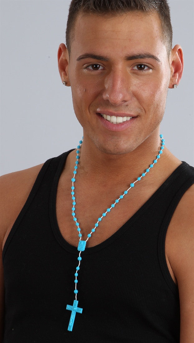 Plastic Rosary Bead Necklace in Blue