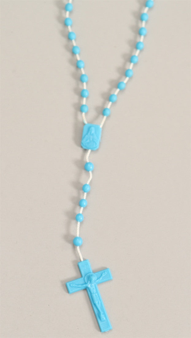 Plastic Rosary Bead Necklace in Blue