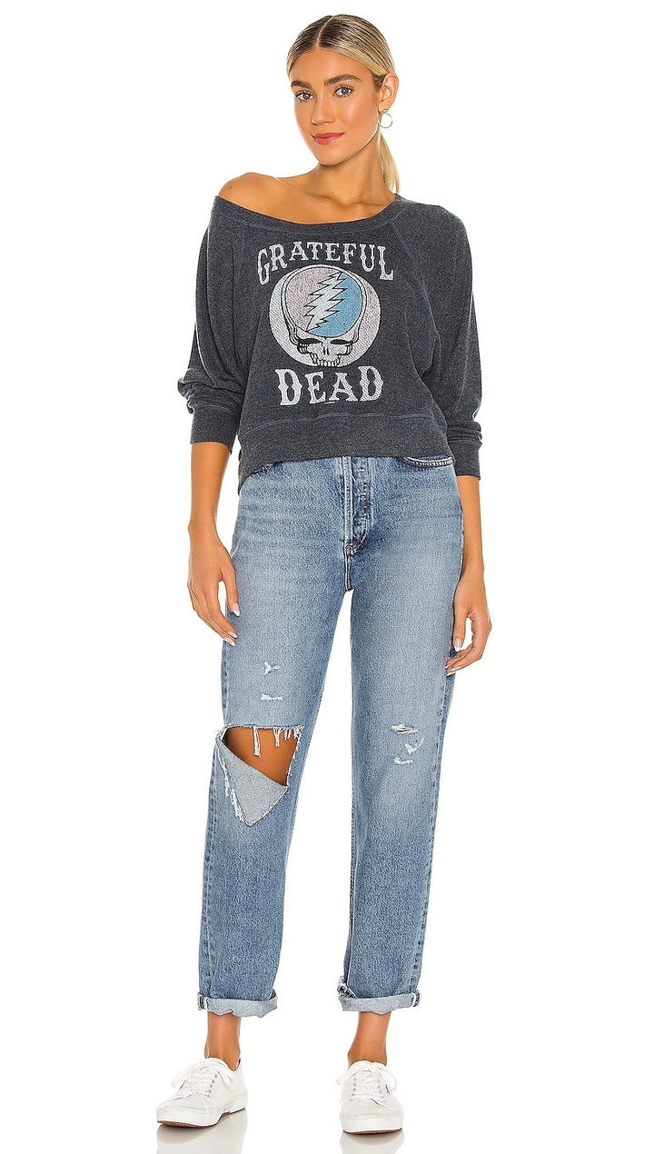Chaser Grateful Dead Bliss Knit Drop Shoulder Batwing Crop Pullover Avalon Blue