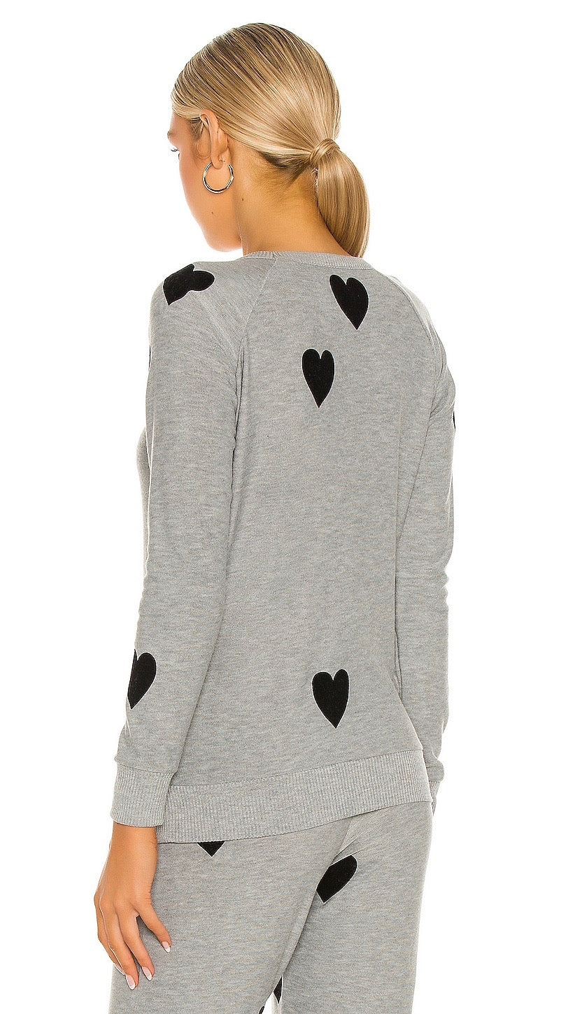 Chaser Flocked Black Hearts Print Long Sleeve Raglan Pullover Heather Grey I ShopAA