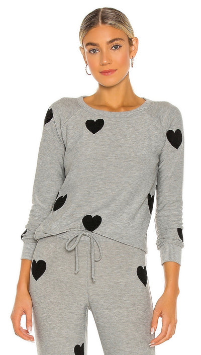 Chaser Flocked Hearts Long Sleeve Raglan Pullover Heather Grey