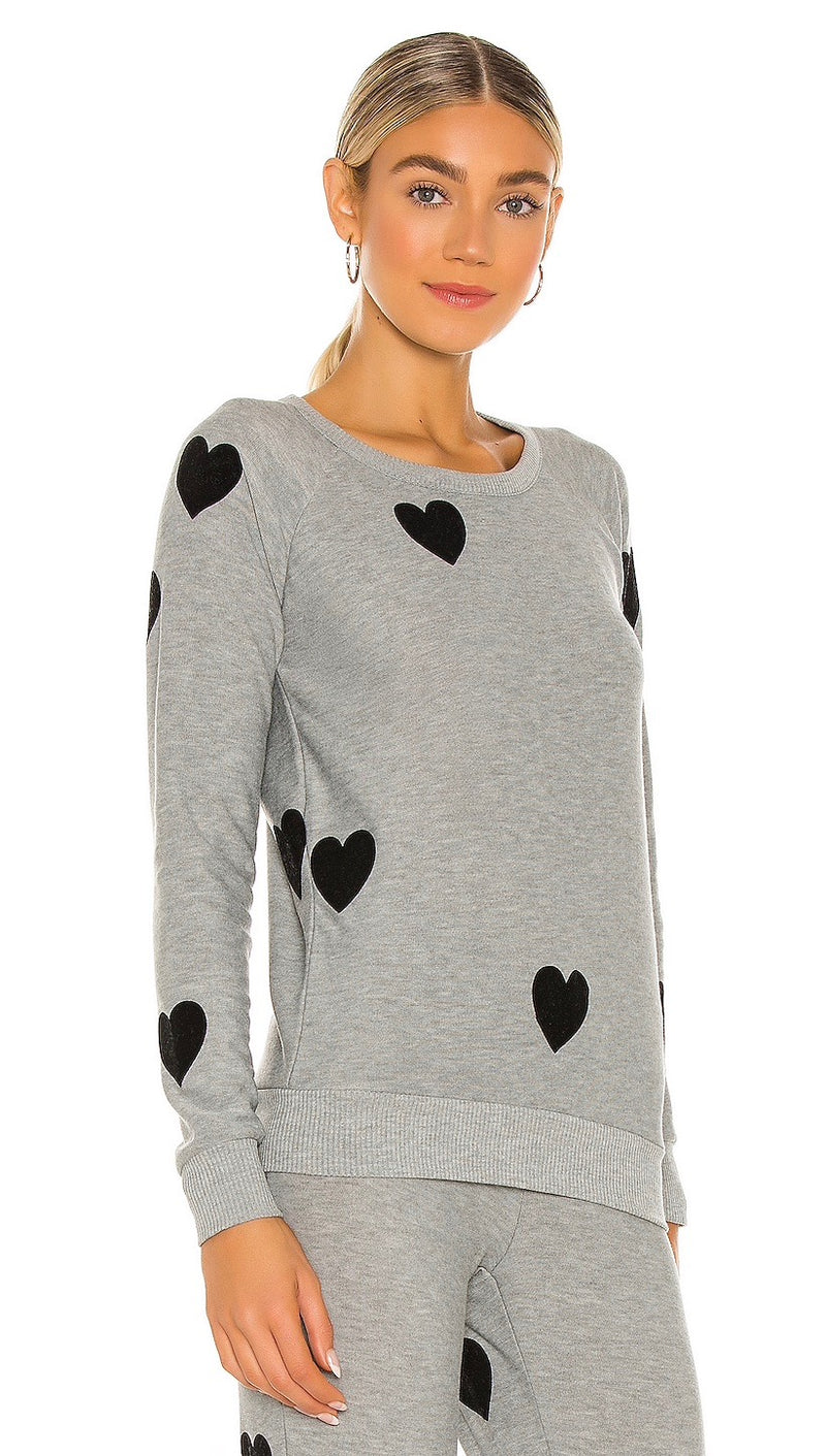 Chaser Flocked Hearts Long Sleeve Raglan Pullover Heather Grey Sweatshirt I ShopAA