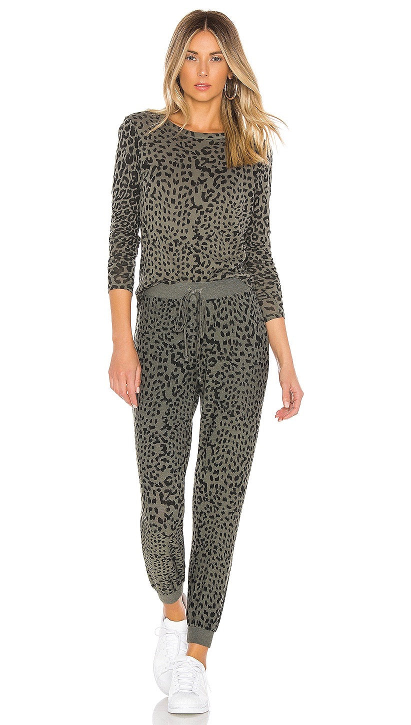 Chaser LA Gauzy Long Sleeve Leopard Top Safari Green | ShopAA