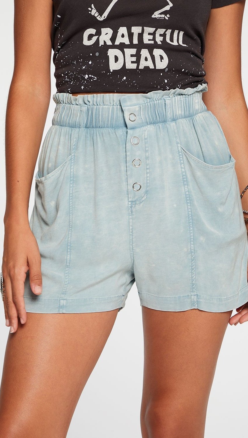 Chaser Heirloom Wovens Paperbag Waist Shorts in Powder Blue