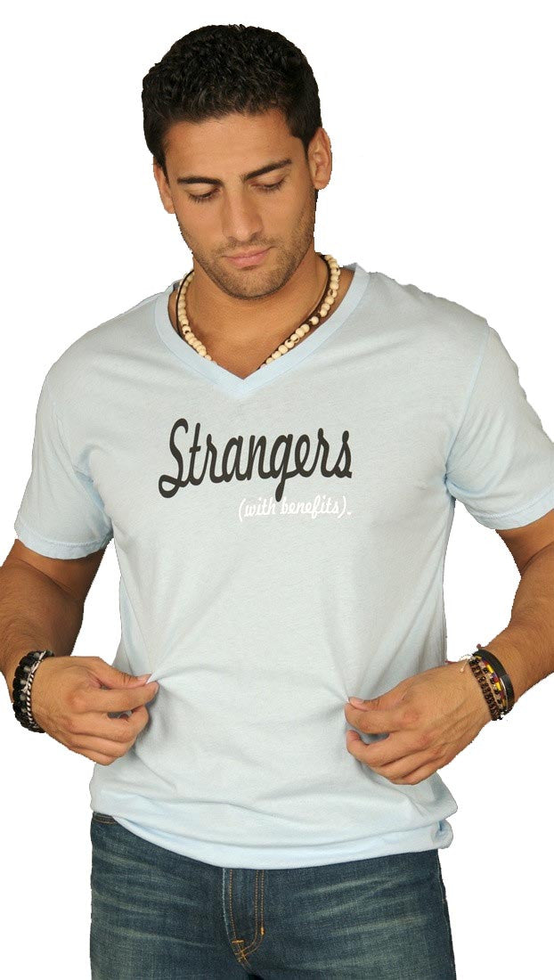 Dirtee Hollywood Mens Strangers With Benefits V Neck Tee Shirt Top Light Blue