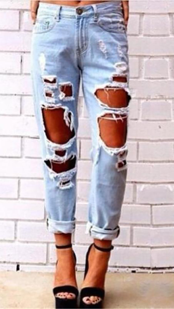 Ripped Boyfriend Jeans Cute Distressed Jeans Stretch Skinny Jeans Destroyed  Pull On Denim Pants with Hole