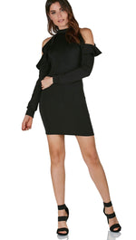Cold Shoulder Ruffle Mini Dress Black 