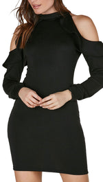 Cold Shoulder Ruffle Mini Dress Black 