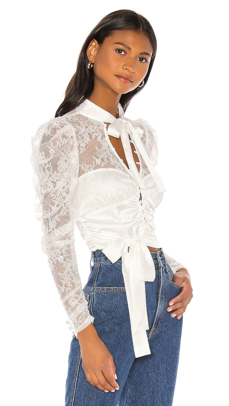 For Love & Lemons Farrah Button Up Blouse White Lace l ShopAA