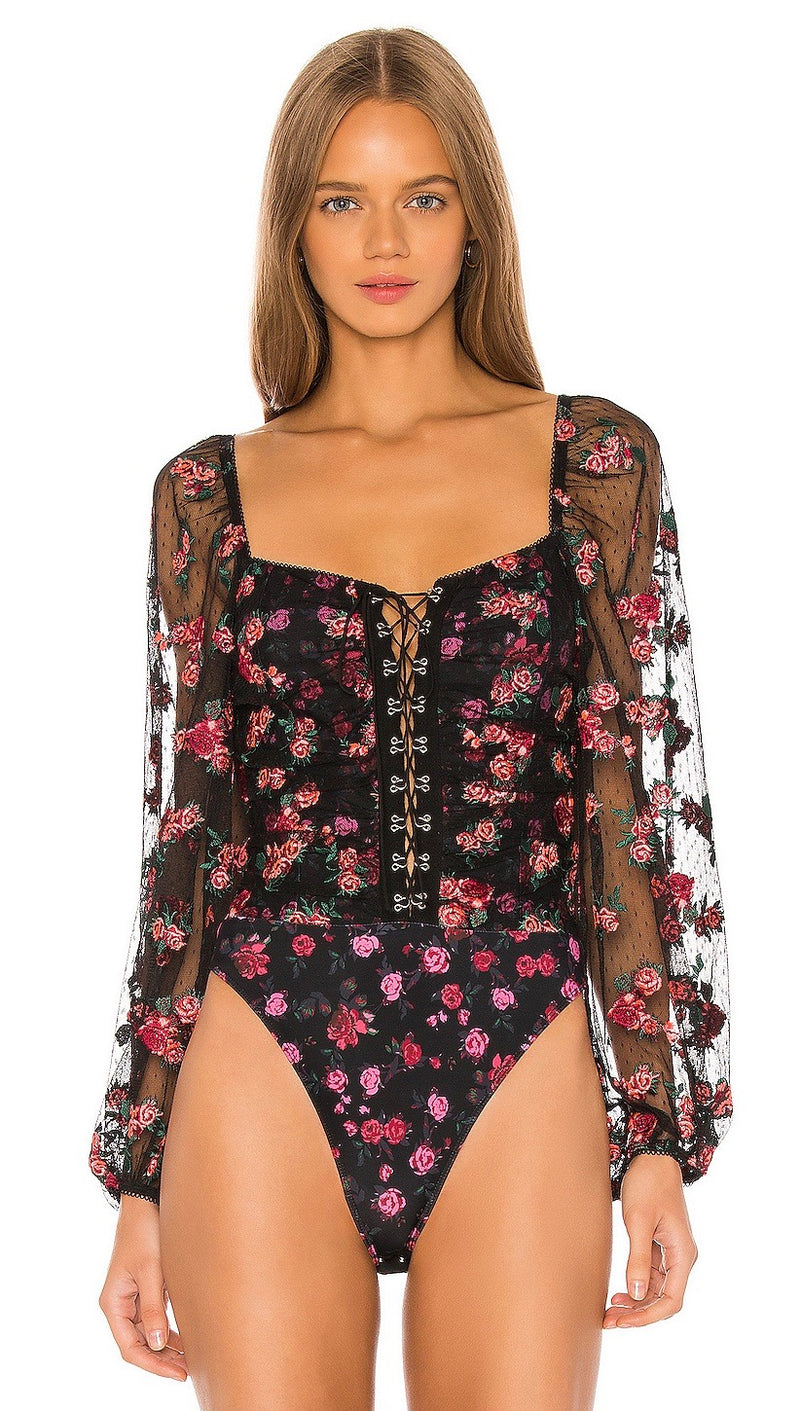 For Love & Lemons Blondie Embroidered Bodysuit Rose Floral l ShopAA