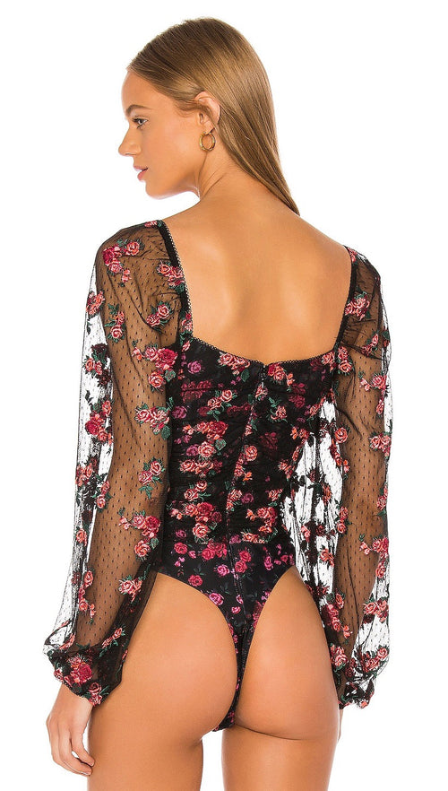 For Love & Lemons Blondie Embroidered Bodysuit Rose Floral l ShopAA