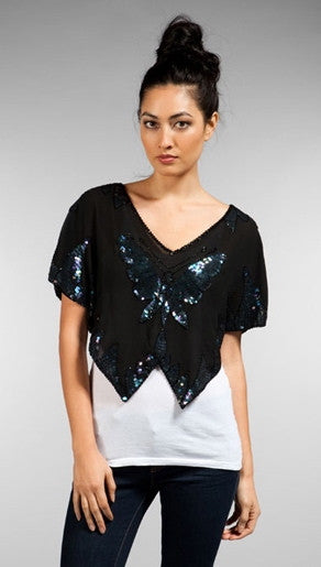 Free People Butterfly Sequin Sheer Crop Top in Black