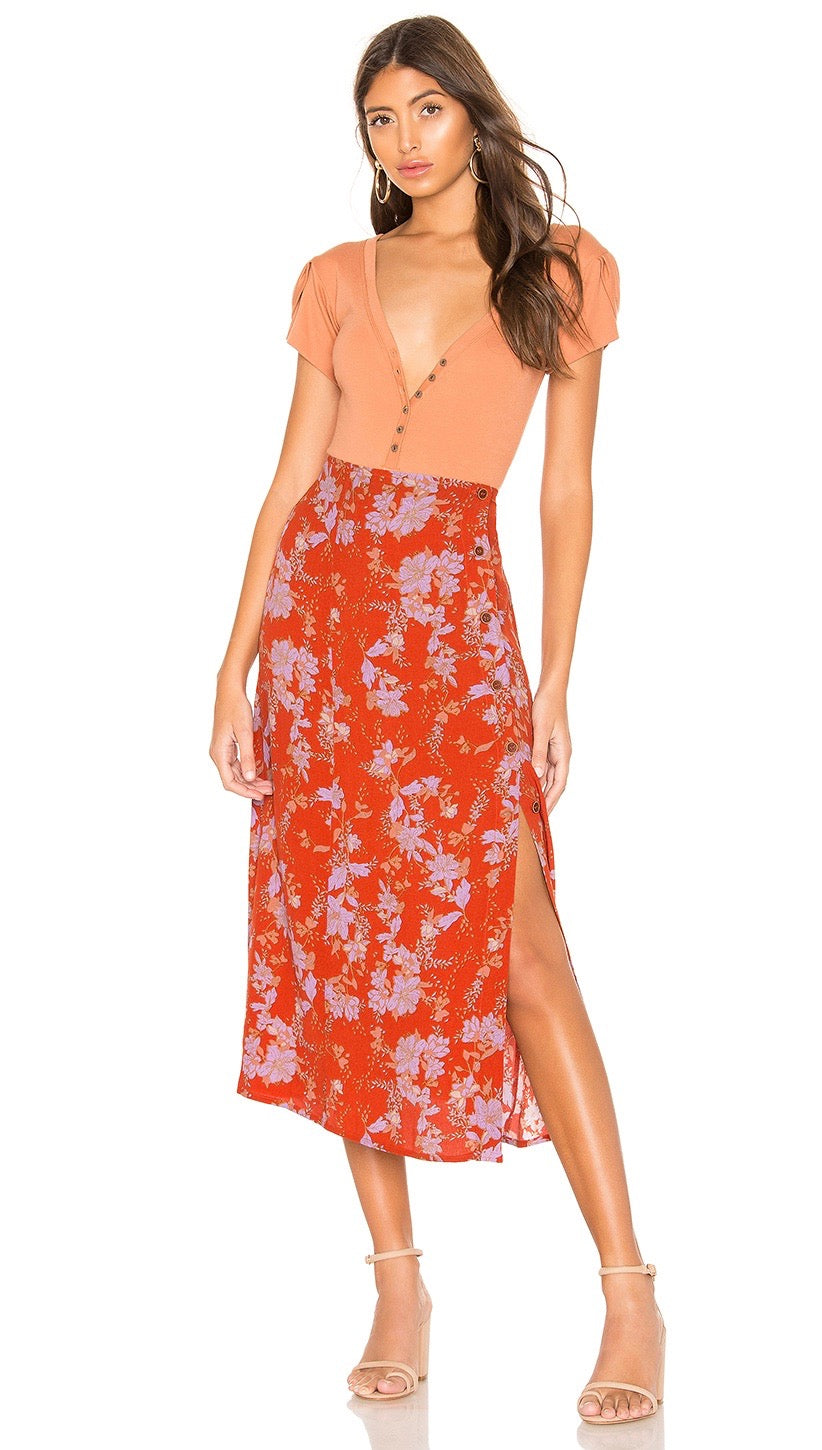 Free People Retro Love Midi High Waist Skirt Burnt Orange Floral I ShopAA