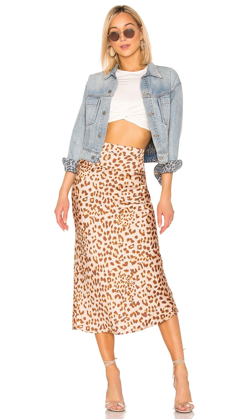 Free People Normani Bias Midi Skirt Leopard Print High Waist Silk Satin | ShopAA