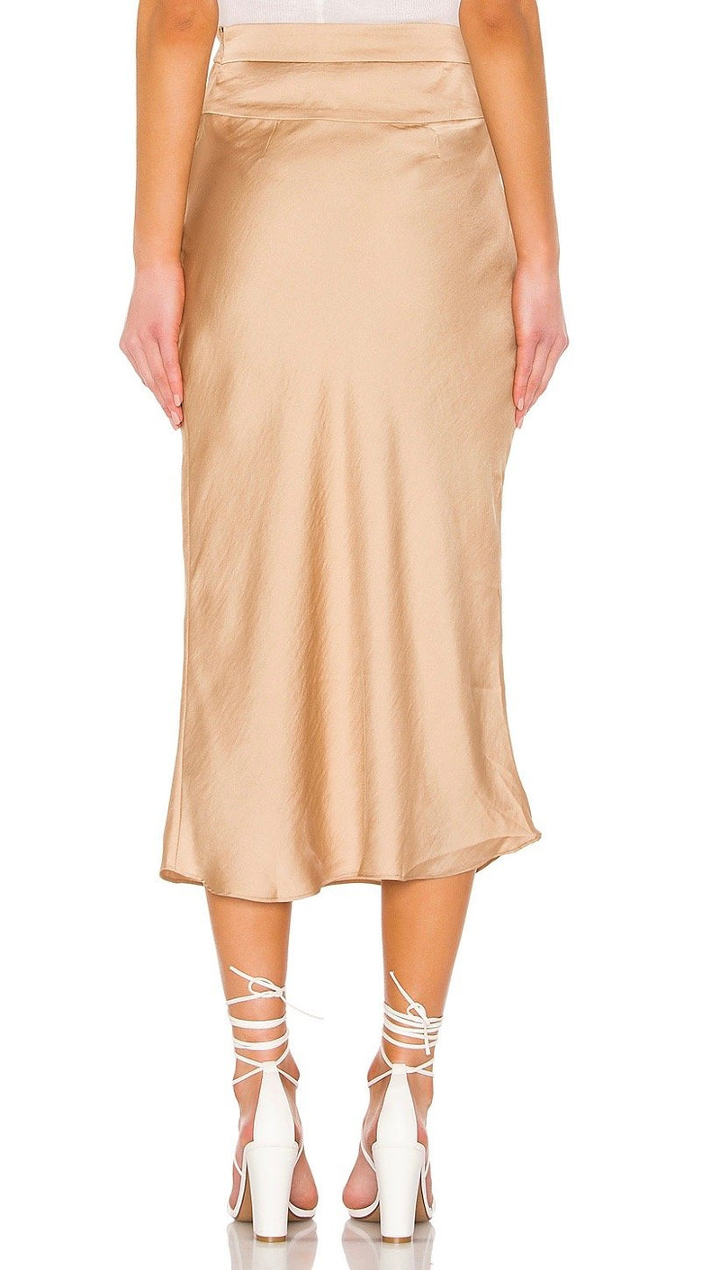 Free People Normani Bias Midi Skirt Gold High Waist Silk Satin | ShopAA
