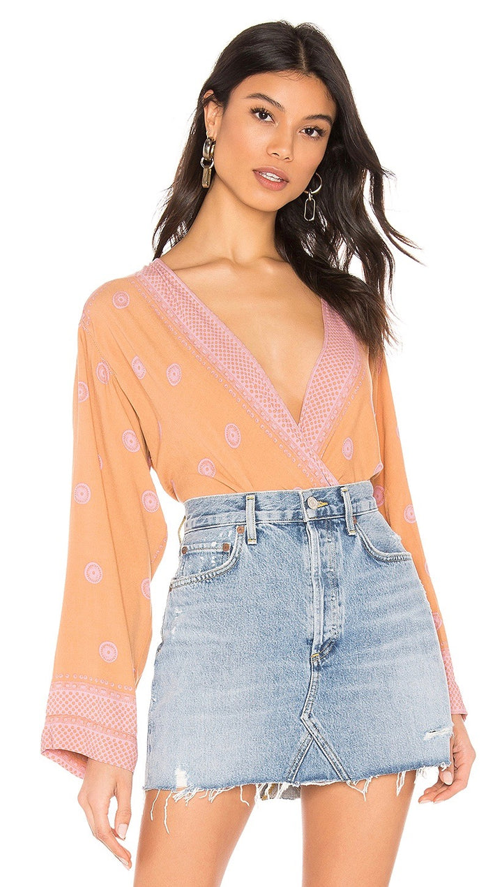 Free People On Board Boho V Neck Bodysuit Flared Sleeve Brown Orange Pink I ShopAA 