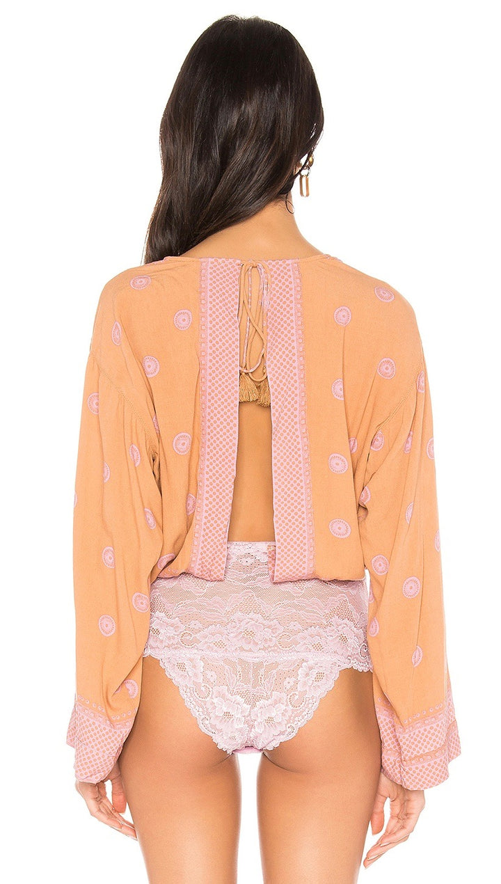 Free People On Board Boho V Neck Bodysuit Flared Sleeve Brown Orange Pink I ShopAA 