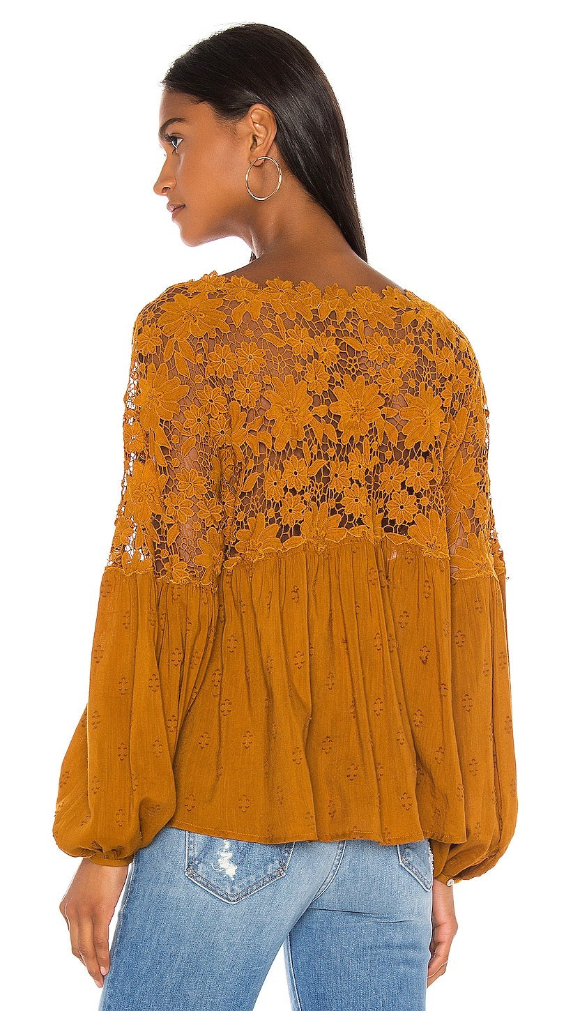 Free People Lina Lace Top Bronze Floral Crochet Lace Peasant I ShopAA