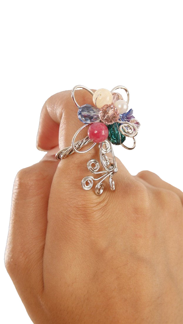  Funky Girl Bling Jewelry Metal Wire Glass Colorful Crystal Bead Silver Ring 