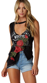 Good Times Rose Patch Floral Rock Cut Out Muscle Tank Necklace Black 