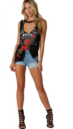 Good Times Rose Patch Floral Rock Western Cut Out Muscle Tank Black 