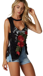 Good Times Rose Patch Floral Rock Cut Out Muscle Tank Black ShopAA