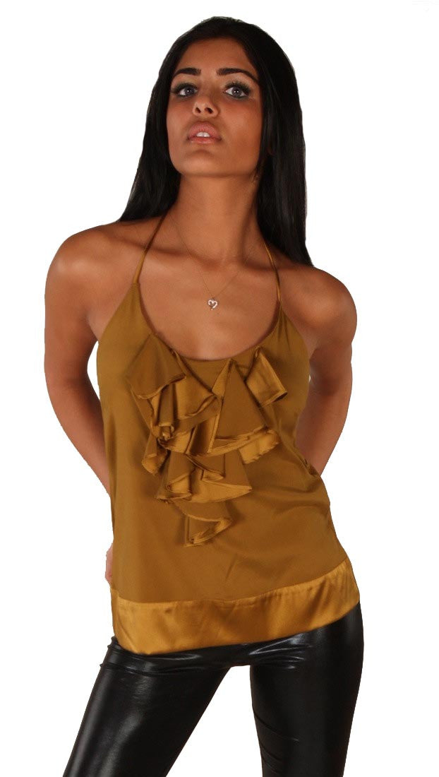 Hale Bob Silk Ruffle Halter Gold