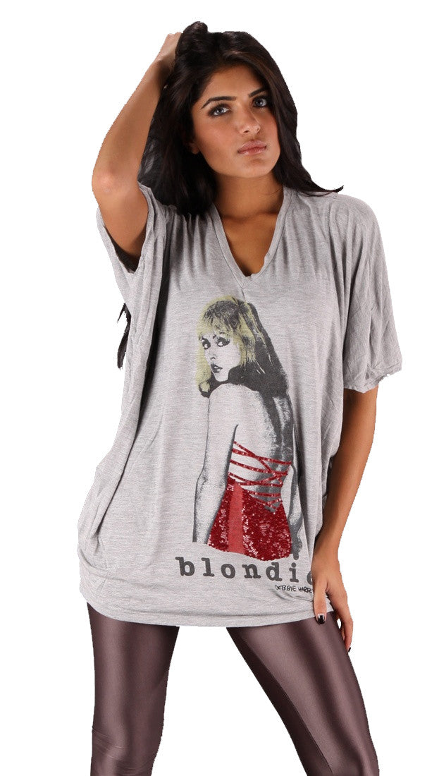 House Of The Gods Blondie Red Sequin Dress Oversized Batwing V Neck Tee Top Grey 