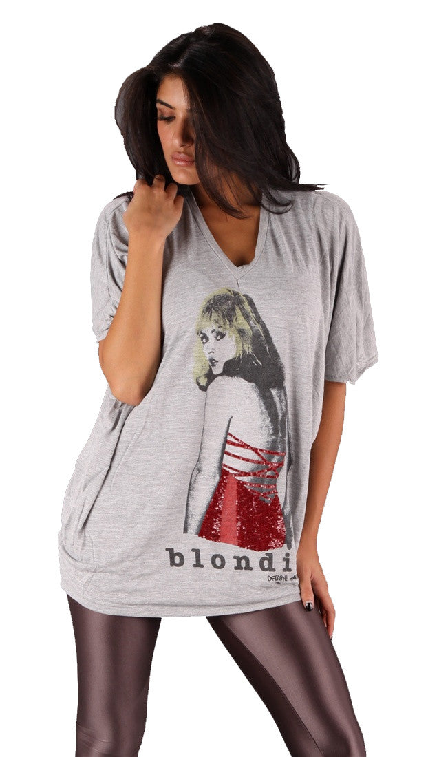 House Of The Gods Blondie Red Sequin Dress Oversized Batwing V Neck Tee Top Grey 